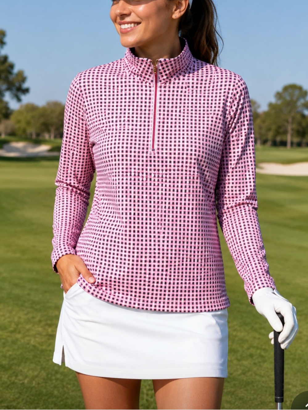 Fairway & Greene Pink Patterned Long-Sleeve Quarter-Zip Golf Top